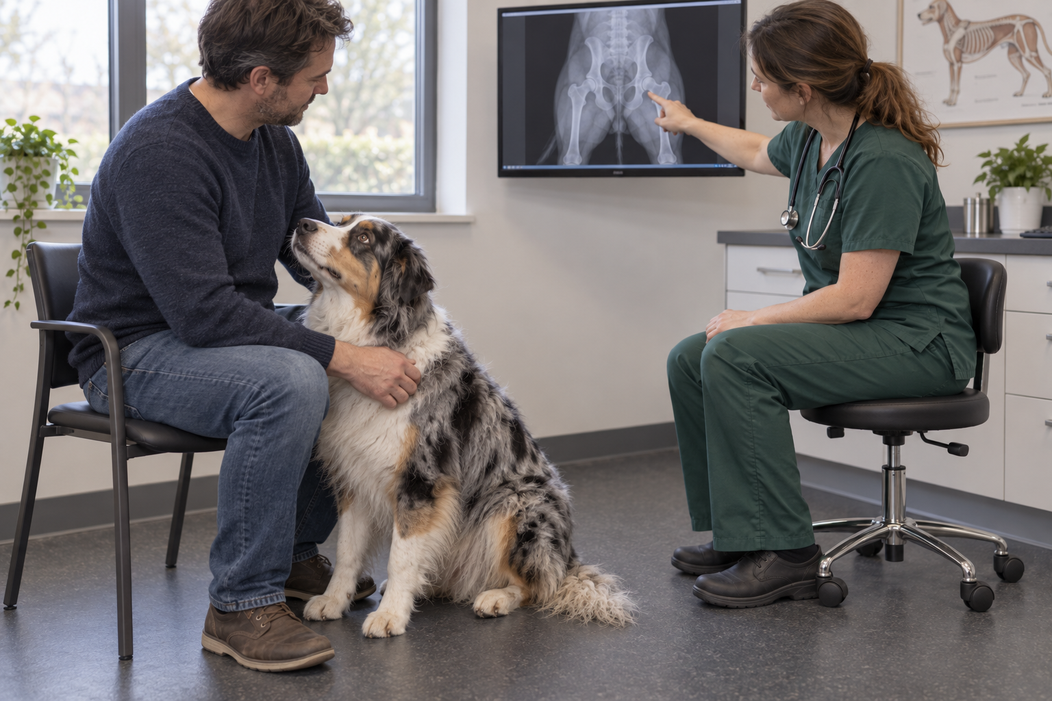 Veterinárka vysvetľuje majiteľovi röntgen bedrových kĺbov psa